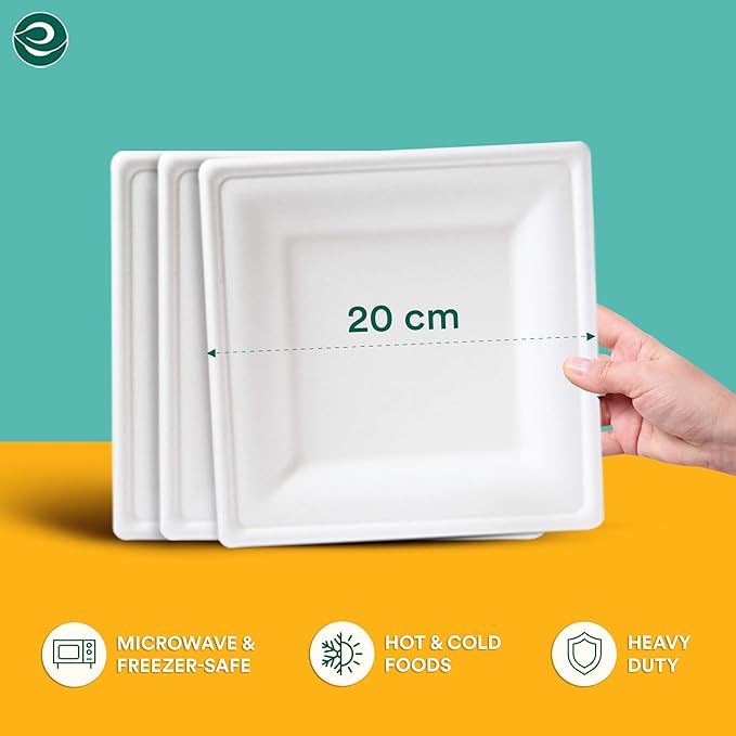 ECO SOUL Compostable Paper Plates 8 Inch (100 Count) Heavy Duty Disposable Plates For dinner & Parties| Eco-Friendly Sugarcane Bagasse Plates.