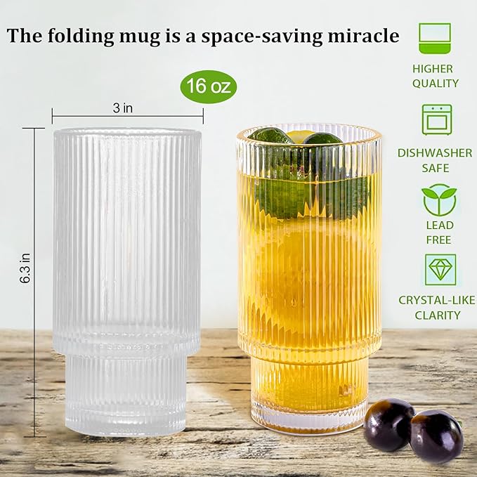 Ribbed Glassware Vintage Drinking Glasses - 16 oz Glassware Stackable Highball Origami Style Glass Cup Fluted Vertical Stripes Romantic Water Drinking Cups Set of 6 Dishwasher Safe