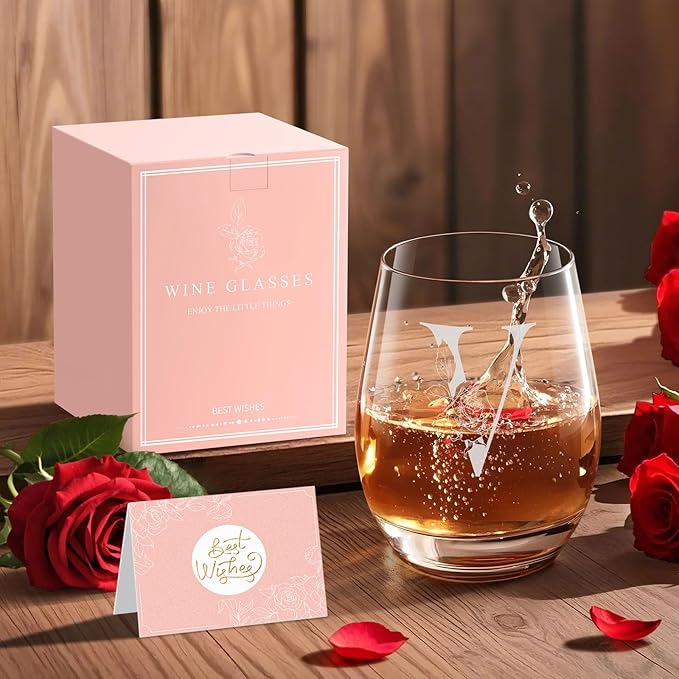Valentines Day Gifts for Her, Gifts for Women Her Friend Mom Grandma Wife Sister Bridesmaid Nurse, Birthday Galentines Mothers Day Christmas, Personalized Initial Customized Wine Glasses 18OZ(V)