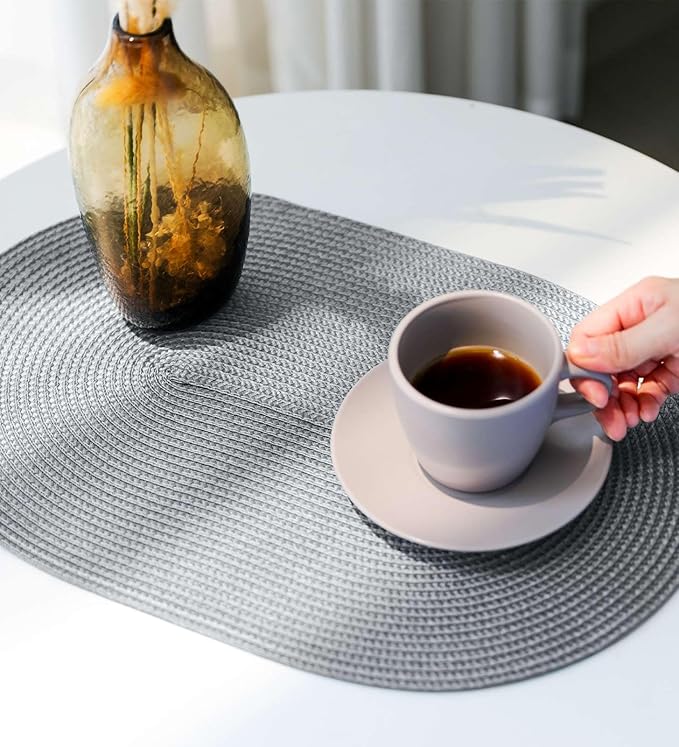 FunWheat Oval Braided Placemats Set of 6 Table Mats for Dining Tables Washable Heat Resistant Place Mats for Indoor Outdoor Use 12 x18 Inch(Oval Light Grey, 6pcs)