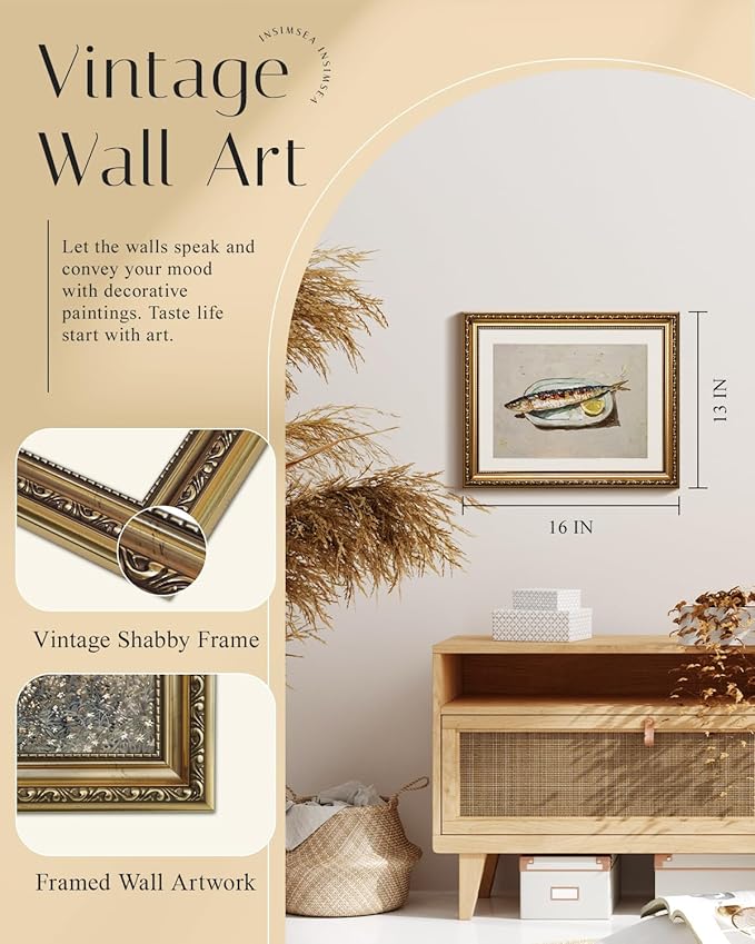 InSimSea Gold Framed Wall Art, Roasted Sardine Lemon Vintage Kitchen Wall Decor, Still Life Canvas Print Art, Dining Room Farmhouse Decor, Antique Paintings with Picture Frame 13x16inch