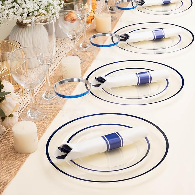 BESTSTAR 350PCS Clear and Blue Disposable Plates Set for 50 Guests, 100 Plastic Plates, 50 Cups, 50 Pre-Rolled Napkins with Plastic Cutlery for Party, Birthday, Thanksgiving, Christmas, Halloween