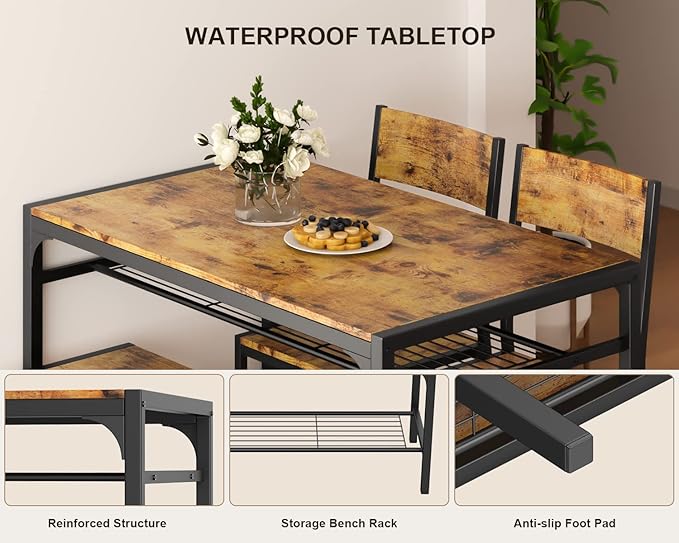 Gizoon Kitchen Table and 2 Chairs for 4 with Bench, 4 Piece Dining Table Set for Small Space, Apartment (Rustic Brown)