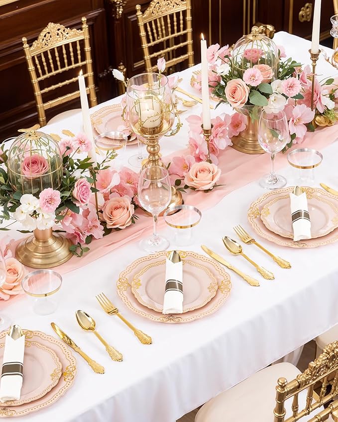 Ciaell 350 PCS Pink Plastic Plates - Pink and Gold Disposable Plates Include 50 Disposable Plate, 150 Heavy Duty Silverware, 50 Cups, 50 Napkins for Wedding & Party & Anniversary & Valentine's Day