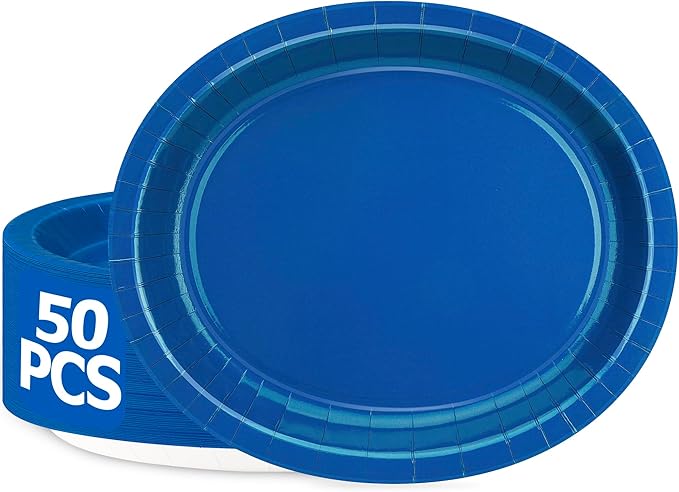 QZYL 50 Count Blue Oval Large Paper Plates, 12.2'' X 10.2'', Bulk Dinner Plates for Birthday, Picnic, Holiday, Camping, Barbecue, Baby Shower Parties