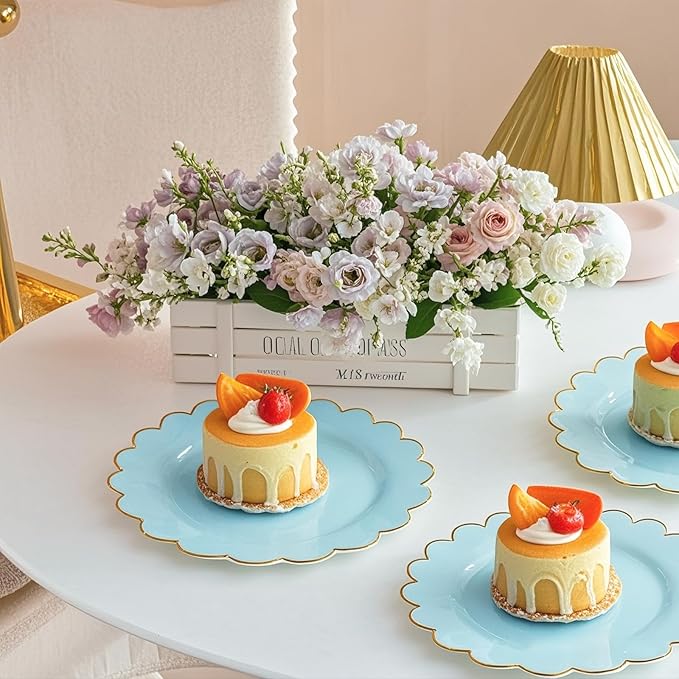 LIYH 100 Pcs Blue Plastic Plates - 7.5 Inch Scalloped Edges Disposable Dessert/Salad Plate- Blue with Gold Rim Premium Hard Appetizer Cake Plastic Plates for Party,Weddings,Bridal Shower