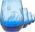 Rolf Glass Heron Blue Stemless Wine Glass | 15oz Stemless Tumbler | Engraved Lead-Free Coastal Glassware | Made in the USA | Blue Heron Engraved Design | Set of 4