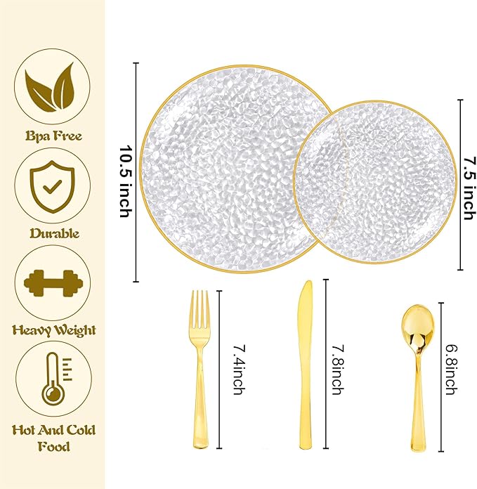 Rubtlamp 30Guest Plastic Gold Dinnerware Set, Gold Plastic Plates, Heavy Duty Disposable Dinnerware Include 30 Dinner Plate,30 Dessert Plates, 90 gold Silverware