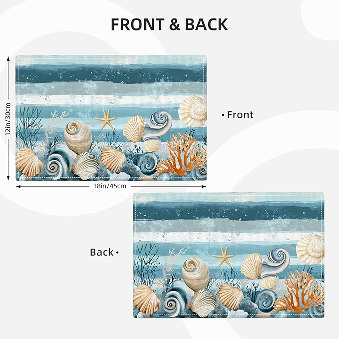 Ocean Seashell Placemats Set of 4, Beach Starfish Place Mats, Coastal Marine Life Waterproof Washable Table Mats for Home Party Indoor Kitchen Dining Table Decoration 12x18 Inch