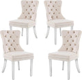 KCC Velvet Dining Chairs Set of 4, Upholstered High-end Tufted Dining Room Chair with Nailhead Back Ring Pull Trim Stainless Steel Legs, Contemporary Nikki Collection Modern Style for Kitchen, Beige