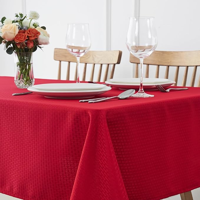 maxmill Christmas Tablecloth Stain Resistant Waterproof Wrinkle Resistant Spillproof Washable Weaved Texture Table Cloth for Dining Room, Holiday Dinner, Rectangle 60 x 140 Inch, Red