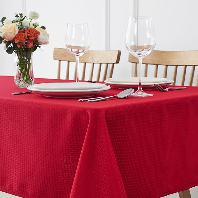 maxmill Rectangle Christmas Tablecloth Weaved Texture Waterproof Spillproof Wrinkle Free Table Cloth, Kitchen Dining Room Decoration, Holiday Party, Banquet Event Dinner, 52 x 70 Inch, Red