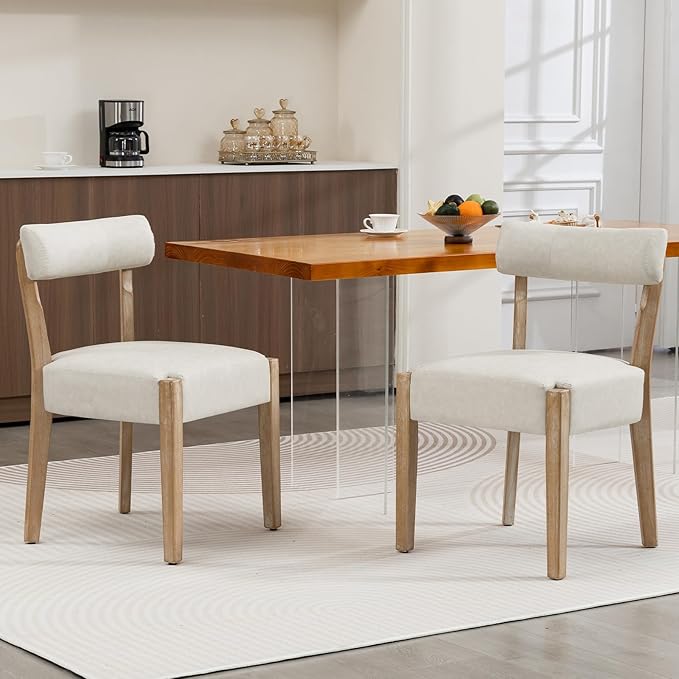Modern Dining Chairs Set of 2 – Mid-Century Modern Faux Leather Upholstered Kitchen & Dining Room Chairs with Curved Back, Oversized Rounded Seat, Sturdy Wood Frame, Beige