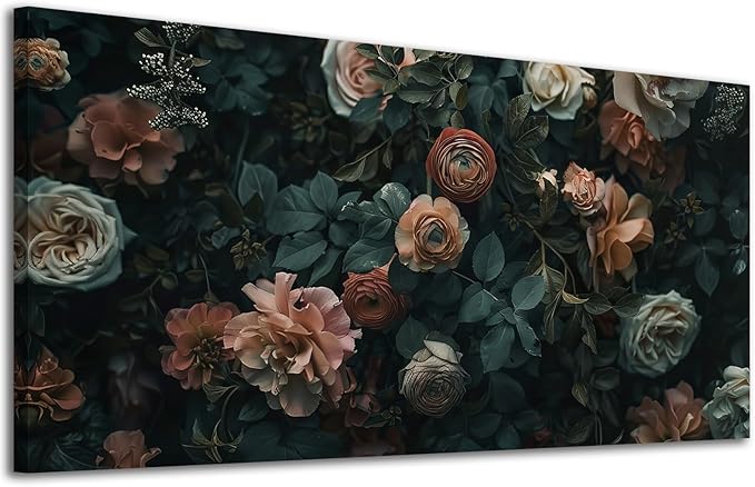 ADJUVANT Wall Art Floral 60"L x 30"W, Dark Hued Vintage Flowers With Lush Foliage Canvas Painting Elegant Blooms Artwork Retro Garden Prints Floral Wall Decor for Living Room Bedroom Study Home Office