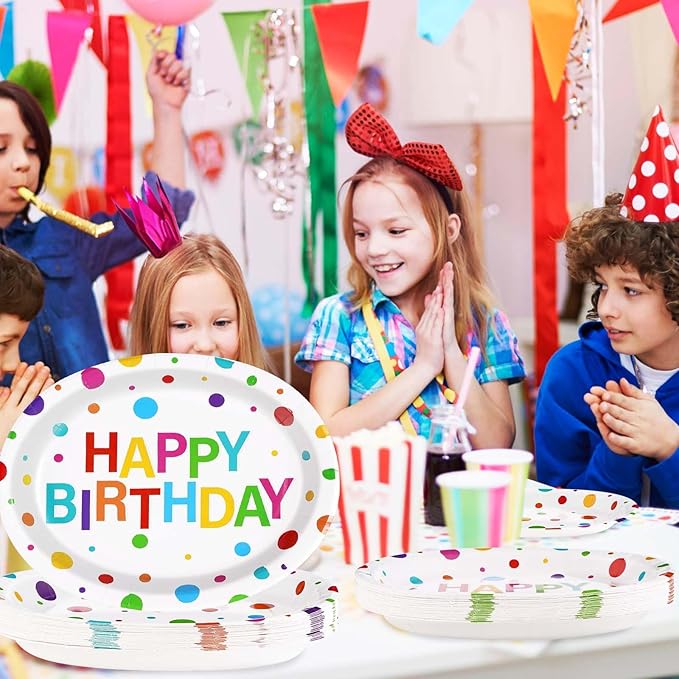 50Pcs Happy Birthday Oval Paper Plates 10" x 12" Large Disposable 400GSM Heavy Duty Rainbow Colorful Dots Platters Plates Happy Birthday Party Decorations for BBQ Picnic Baby Shower Party Supplies