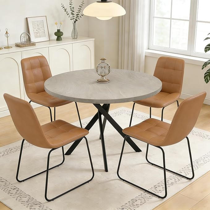 44" Round Dining Table with Cozy Chair Set for 4, Modern Mid-Century Dining Table Set of 4, Dinette Sets with Metal Leg for Kitchen Dining Room Apartment(Gray Table + Brown Chairs)