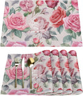 Pink Rose Placemats Set of 4, Washable Elegant Vintage Placemats, Non-Slip Table Rectangle Linen Place Mats for Kitchen Dining Party Farmhouse Home Indoor Table Decor
