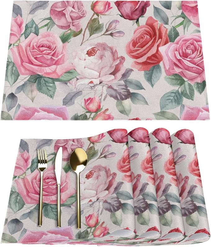 Pink Rose Placemats Set of 4, Washable Elegant Vintage Placemats, Non-Slip Table Rectangle Linen Place Mats for Kitchen Dining Party Farmhouse Home Indoor Table Decor