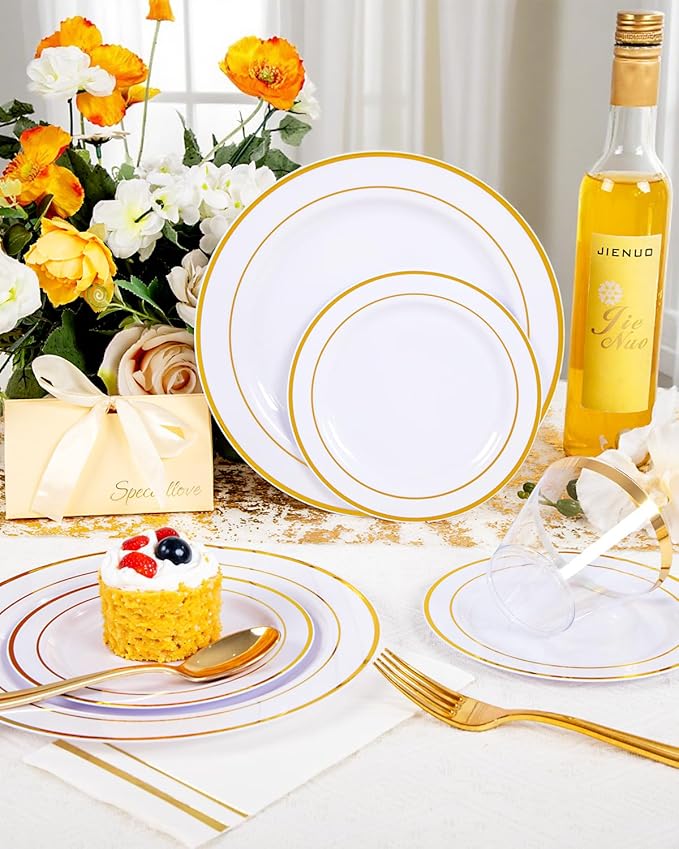 GATHER 350PCS Gold Plastic Plates - White and Gold Disposable Plastic Dinnerware Set Include 50 Dinner Plates, 50 Dessert Plate, 150 Silverware, 50 Napkins, 50 Cups for Party & Wedding