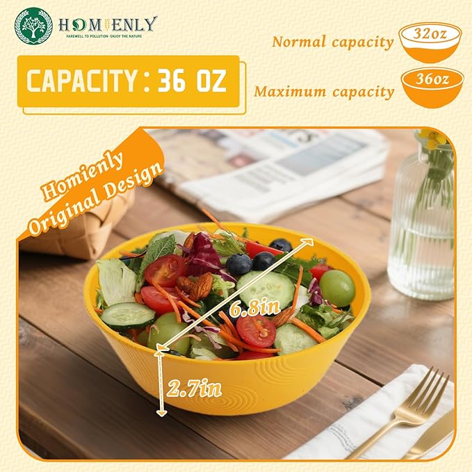 Homienly Unbreakable Cereal Bowls, Wheat Straw Bowl with Textured, 36oz Microwave Safe Plastic Bowls for Kitchen, Party, Large Soup Bowls for Popcorn, Ramen, Salad, Dishwasher Safe (Multi,6 PCS)