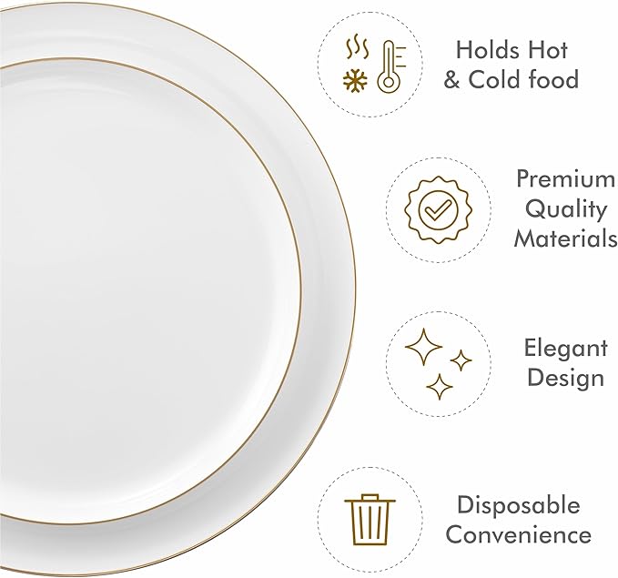 BloominGoods 50 PCS Disposable Plastic Plates For Party, 25 8.5 In. Appetizer Plates And 25 10.5 In. Dinner Plates, White With Gold Rim Plates For Wedding Or Event, Heavy Duty