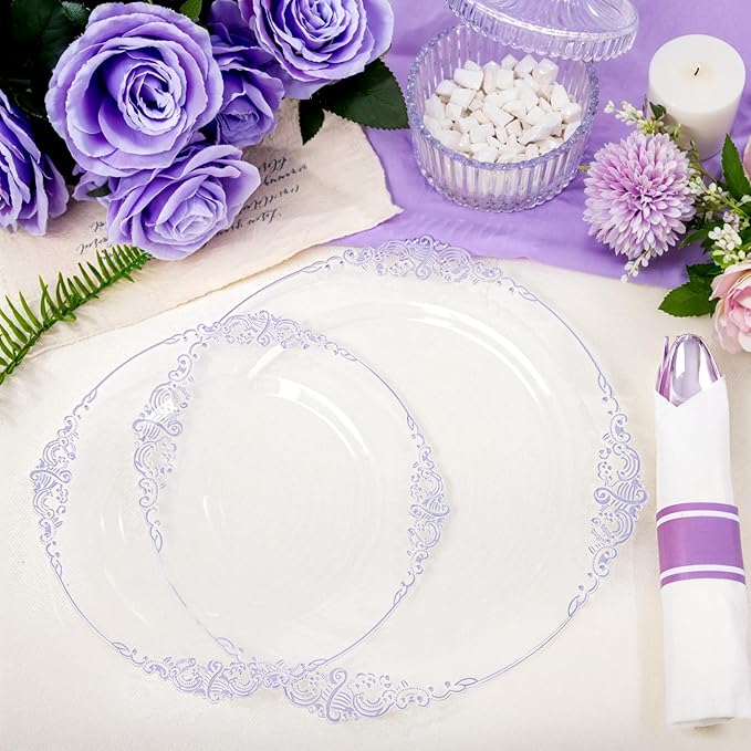 Hioasis 175pcs Clear and Purple Plates - Purple Party Plates for 25 Guest, Include 50 Heavy-duty Plates(20% Thicker Than Standard), 25 Pre Rolled Gold Plastic Silverware Set, 25 Cups
