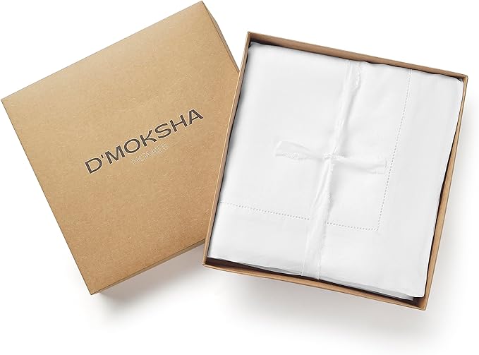 D'Moksha Homes White Linen Tablecloth 60 x 120 Inch - 100% Pure Linen Hemstitch Tablecloth for Rectangle Tables - Classic Hemstitch, Machine Washable Table Cloth for Fall, Autumn and Halloween