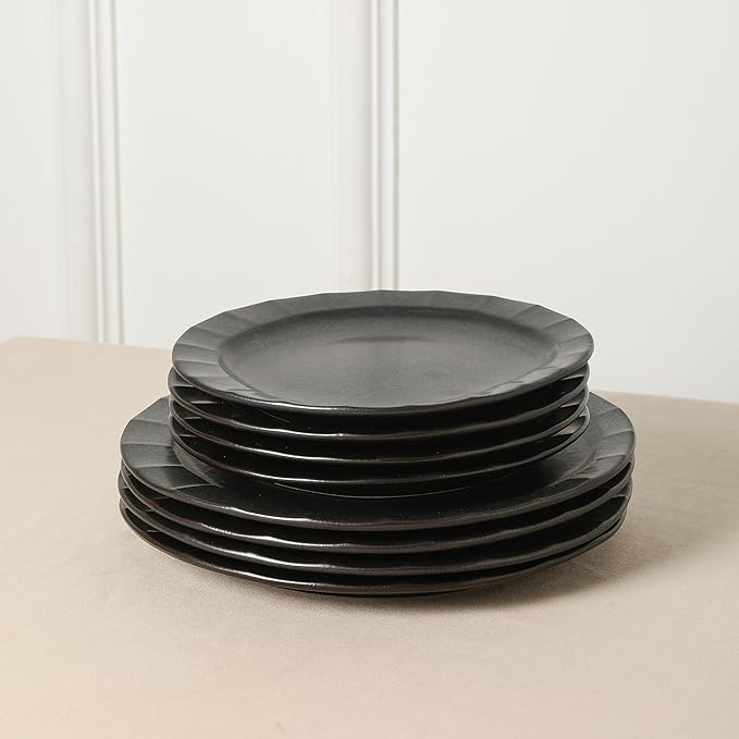 Stone Lain Oasis Stoneware 24 Piece Dinnerware Set, Home Kitchen Dish Set with Dinner Plates, Salad Plates & Bowls - Service for 8, Black