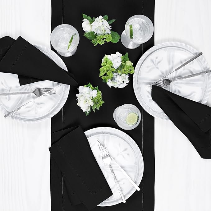 Solino Home Linen Black Table Runner 144 Inches Long - 100% Pure Linen Extra Long Table Runner 14 x 144 Inch for Spring, Easter - Classic Hemstitch
