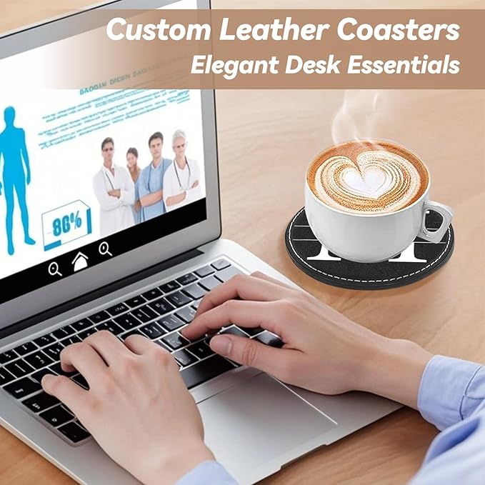 Personalized Coasters, Custom Set of 6 Leather Coaster for Drinks with Holder, DIY Customized Name, Logo, Text，Non-Slip, Heat Resistant, Waterproof for Coffee Table Bar Wine Cup Housewarming