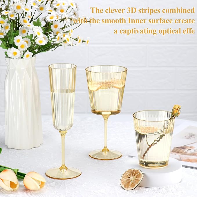 12 PCS Gold Ribbed Plastic Wine Glasses 13.5 OZ Ribbed Wine Glasses Detachable Wine Glass Elegant Fluted Glassware Vintage Style for Wedding Anniversary Birthday Dinner Parties