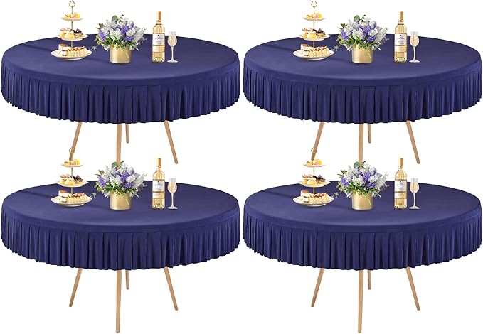 4 Pack Navy Blue Spandex Round Tablecloths for 60 Inch Tables, Stretchy Fitted 5FT Cloths, Wrinkle-Free Cover With Skirt for Wedding Party Dining Banquet