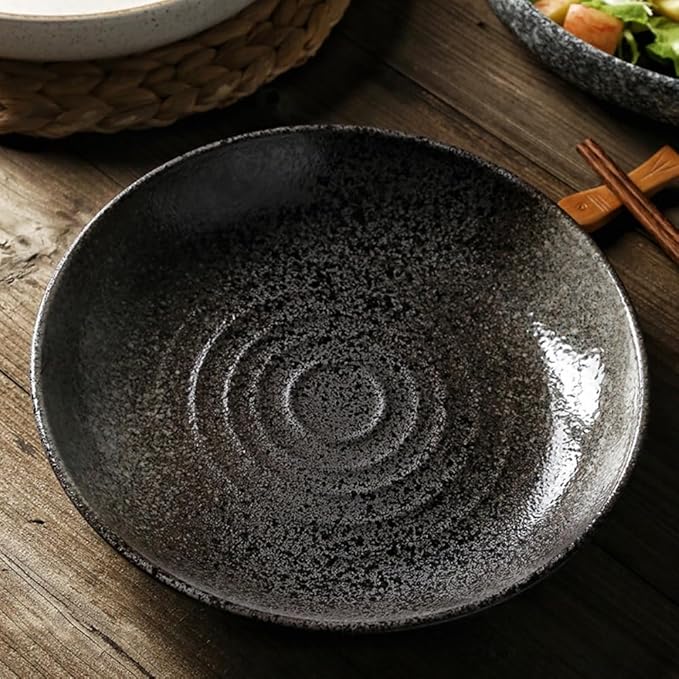 Black Speckled Stoneware Plate, Round Textured Finish