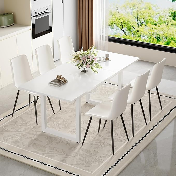 White Dining Table Set for 6, 55"-71" Extendable Dining Room Table Set for 6, Modern Kitchen Table with 6 Upholstered Chairs, Space-Saving for Dining Room Apartment, Easy Assembly