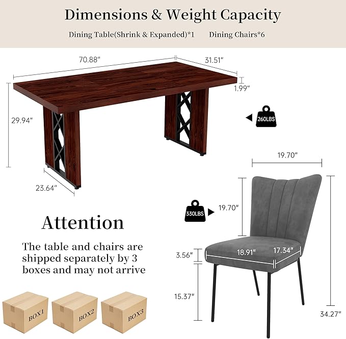 7-Piece Dining Table Set for 6 People, 70.8" MDF Kitchen Table with 6 Velvet Chairs, Space-Saving for Dining Room, Breakfast Nook(Walnut Table+6 Grey Chairs)