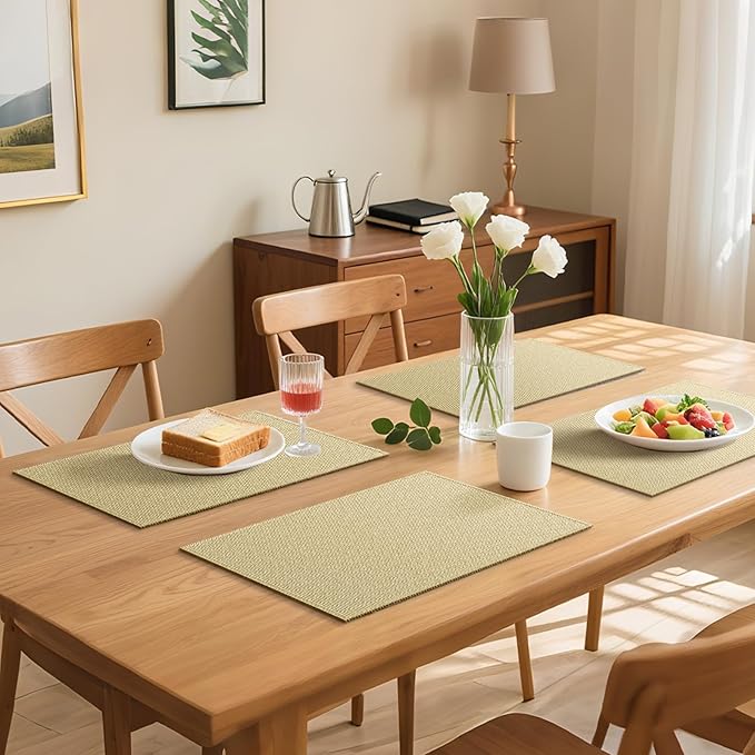 Blue Forest Placemats Set of 8, Dual-Layered Thickened Faux Linen Table Mats Heat Resistant Machine Washable Wrinkle Free Place Mats for Kitchen Dining Outdoor/Indoor (Beige)