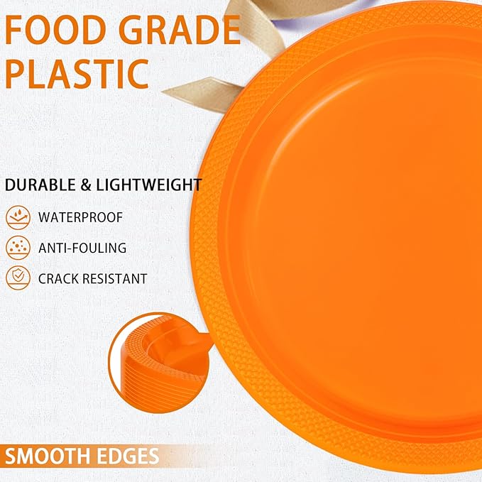 WELLIFE Orange Party Plates 10 Inch -150 Count, Plastic Disposable Dinner Plates for Party Easter Halloween Thanksgiving Picnic BBQ