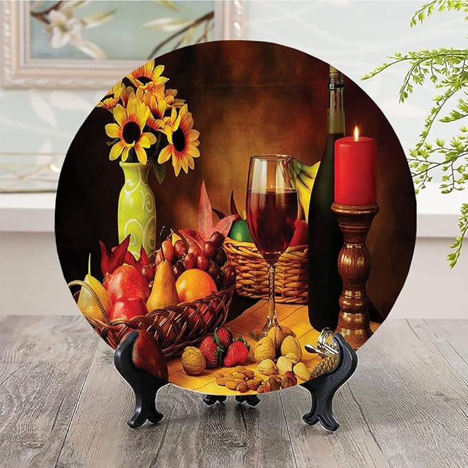 Ceramic Display Plate, Winery Ceramic Hanging Decorative Plate, Still Life Fruits Flowers, 8 Inch, Living Room Kitchen Decoration Household, Multicolor