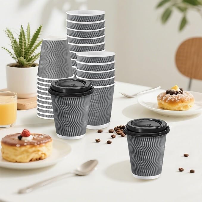 100 Pack 8 oz Disposable Coffee Cups with Lids, Insulated Ripple Wall To-Go Paper Coffee Cups Suitable for Chocolate Cocoa and Hot/Cold Drinks (Grey)