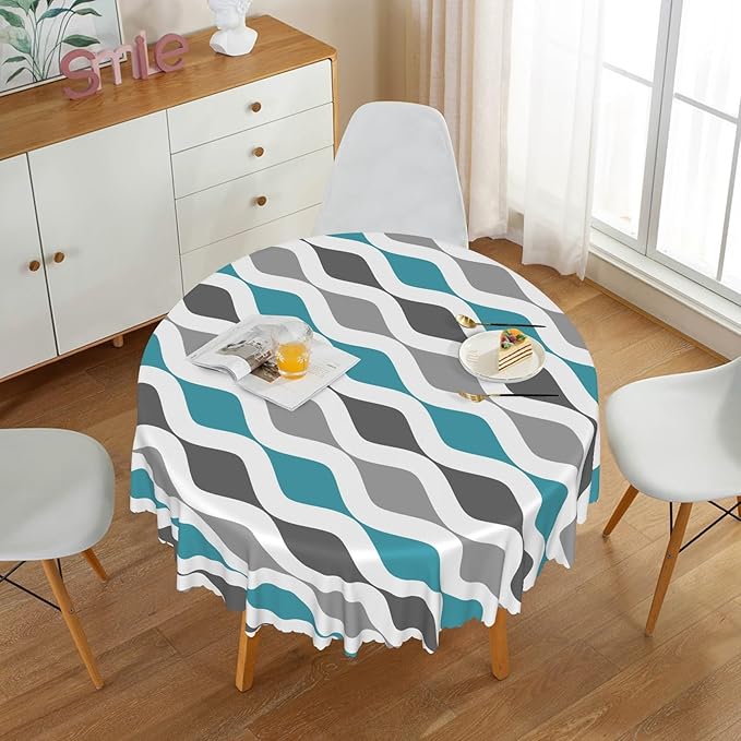 Laeacco 24 Inch Geometric Round Tablecloth Blue and Grey Waved Stripes Modern Abstract Art Print Table Cloth Washable Waterproof Wrinkle Free Table Cover for Kitchen Dining Picnic Party Decoration