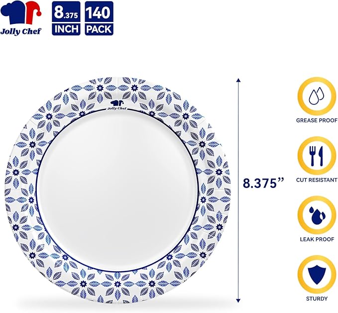 JOLLY CHEF 8.37 inch Disposable Paper Plates 140 Count Soak Proof, Cut Proof, Heavy Duty Printed Disposable Plate for Everyday Use