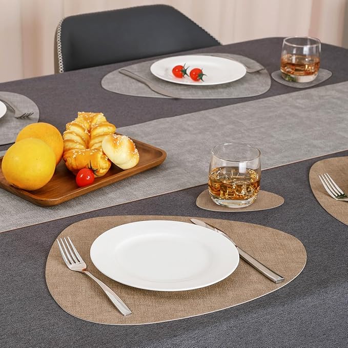 Placemats and Coasters, Washable Placemats Round Faux Leather Wipeable Place Mats Non Slip Heat Resistant Indoor Outdoor Table Mats (Set of 6, Light Gray Beige)