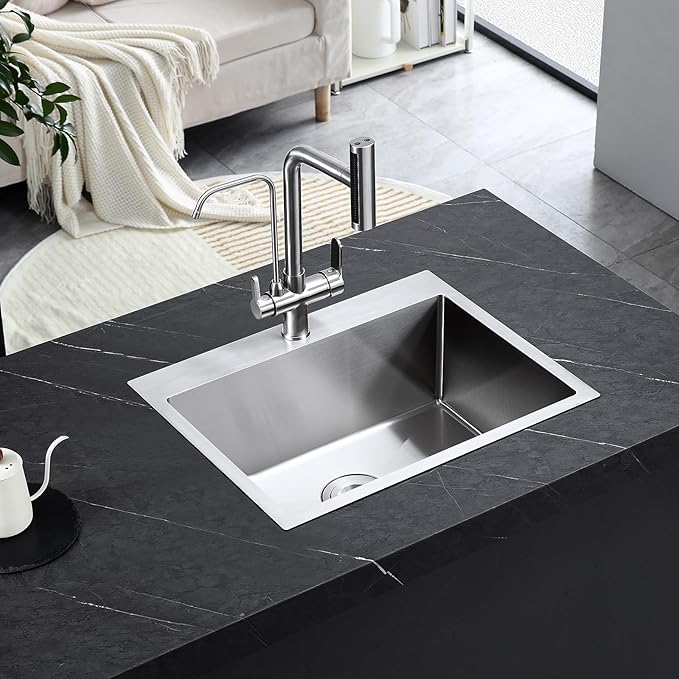ROVATE 22x18 inches Drop-in Kitchen Sink Single Bowl Stainless Steel with 1 Hole, Handmade Topmount Kitchen Sink with Basket Strainer