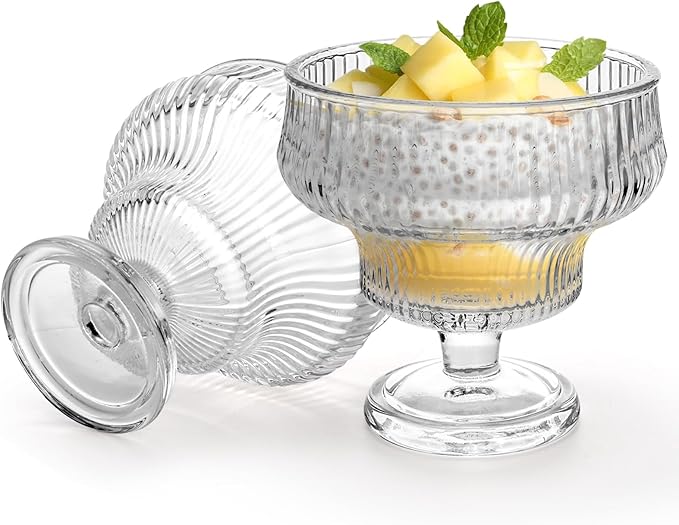 Set of 6 Glass Ice Cream Bowls, 10 Oz Vintage Heavy Base Footed Dessert Cup Set, Stripes Clear Embossed Glass Serving Bowls for Sundae, Ice Cream, Fruit, Parfait