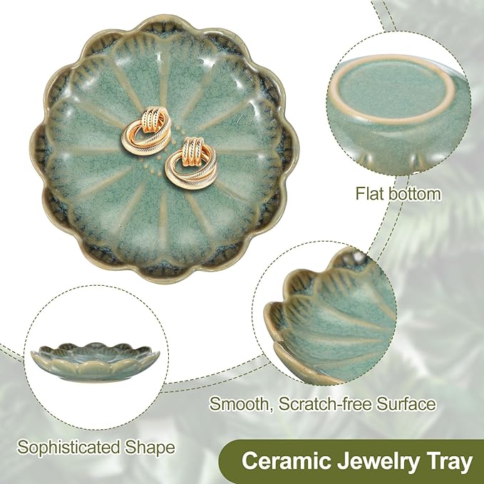 uxcell 1Pcs Ceramics Jewelry Plate, Sunflower Shape Key Holder Bowl for Entryway Table Decor Small Ring Tray Dish Gift for Women Girlfriend, Dark green