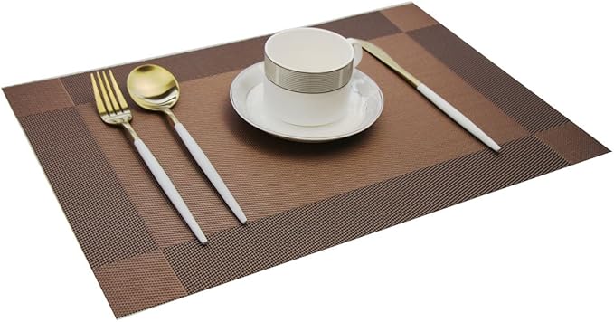 Placemats Washable Easy to Clean PVC Placemat for Kitchen Table Heat-resistand Woven Vinyl Table Mats 12x18 inches Set of 6 （Brown）