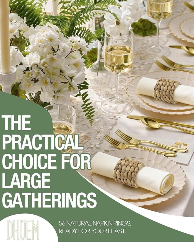 56 Pcs Rattan Napkin Rings Set, Woven Wicker Napkin Holders Bulk, Natural Water Hyacinth Handmade Boho Table Decor for Thanksgiving, Christmas, Wedding Table Dinnerware Decoration Set