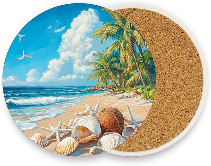 Coasters for Drinks Coaster Drink Set Decorative Coffee Table Desk Cup Mat Spring Cute Cork Bar Backing Round Home Decor Shells White Beach Blue01
