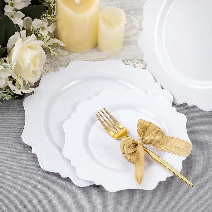COLOSUS 100 pcs White Plastic Plates Set,Fancy Beaded Plates-European Retro plates include 50 dinner plates and 50 dessert plates,Plastic Disposable plates for BBQ and Party