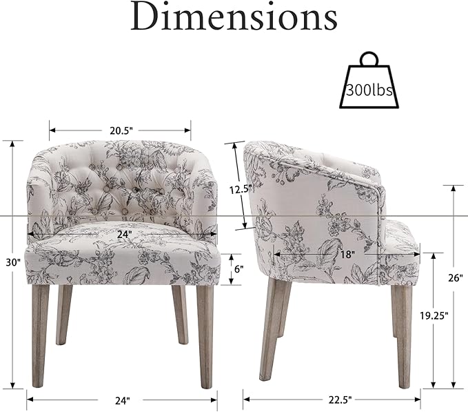 Mid-Century Dining Chairs Set of 2, Tufted Upholstered Linen Dining Room Chairs Comfy Side Chair Armchair Guest Chair with Wooden Legs for Dining Room Living Room, Floral Pattern